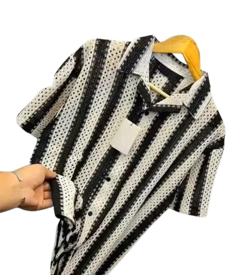 roughster trykar Clothing & Accessories Men’s Black & White Vertical Striped Knitted Shirt | Short Sleeve Button Down Casual Wear for Men | Summer Slim Fit Textured Polo Style-picture-46