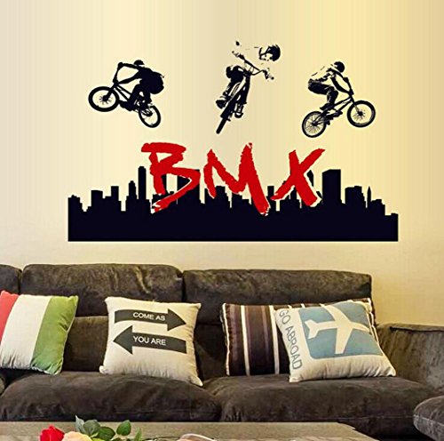 Autocollant mural, Chshe Stunt BMX Silhouette Art Stickers autocollants muraux en vinyle pour sports Fan Home Decor pour salon Chambre TV Fond