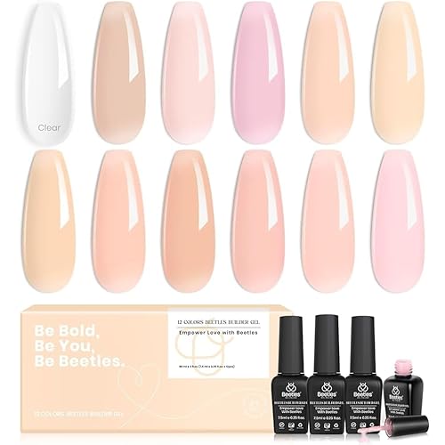 Beetles Builder Gel,12 Pcs 7 in 1 Nude Builder Clear Nail Strengthener Extension Gel Nail Pink Jelly Color for Nail Art Gifts