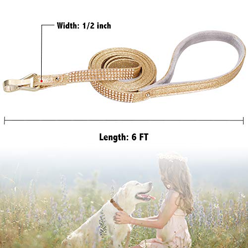 Image of Dog Leash, [Bling Rhinestones] Premium PU Leather Durable and Soft 6 FT Lead for Control Safety Training, Walking Small to Medium Dogs Gold