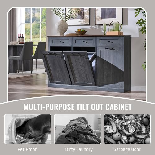 Image of IFBUY Triple Tilt Out Laundry Hamper Cabinet, Trash Cabinet, Dark Grey