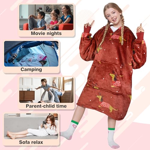 Catalonia Classy Übergroße Fleece Hoodie Decke, Weiche und Warme Decken Hoodie Kinder, Tragbare Decke with Großer Fronttasche für Teenager, Mädchen und Jungen, Weihnachtsgeschenke, Wein Dachshund