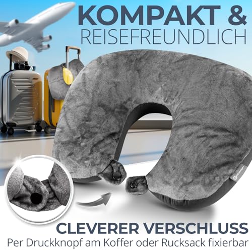Heimwert Reisekissen - 2in1 Nackenkissen Stützkissen,Nackenhörnchen, 37x27 cm - Travel Pillow für Flugzeug, Camping, Reise - Ergonomisches Kopfkissen mit Microperlen (Grau)
