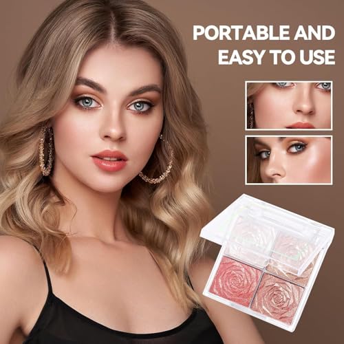 Image of Blusher Palette Powder - 4 Colors Matte & Shimmer Blush Highlighter & Long-Wearing Water-Proof, MNatural-Looking Glow Smooth & Lightweight Formula Portable Compact Design (Multicolor)