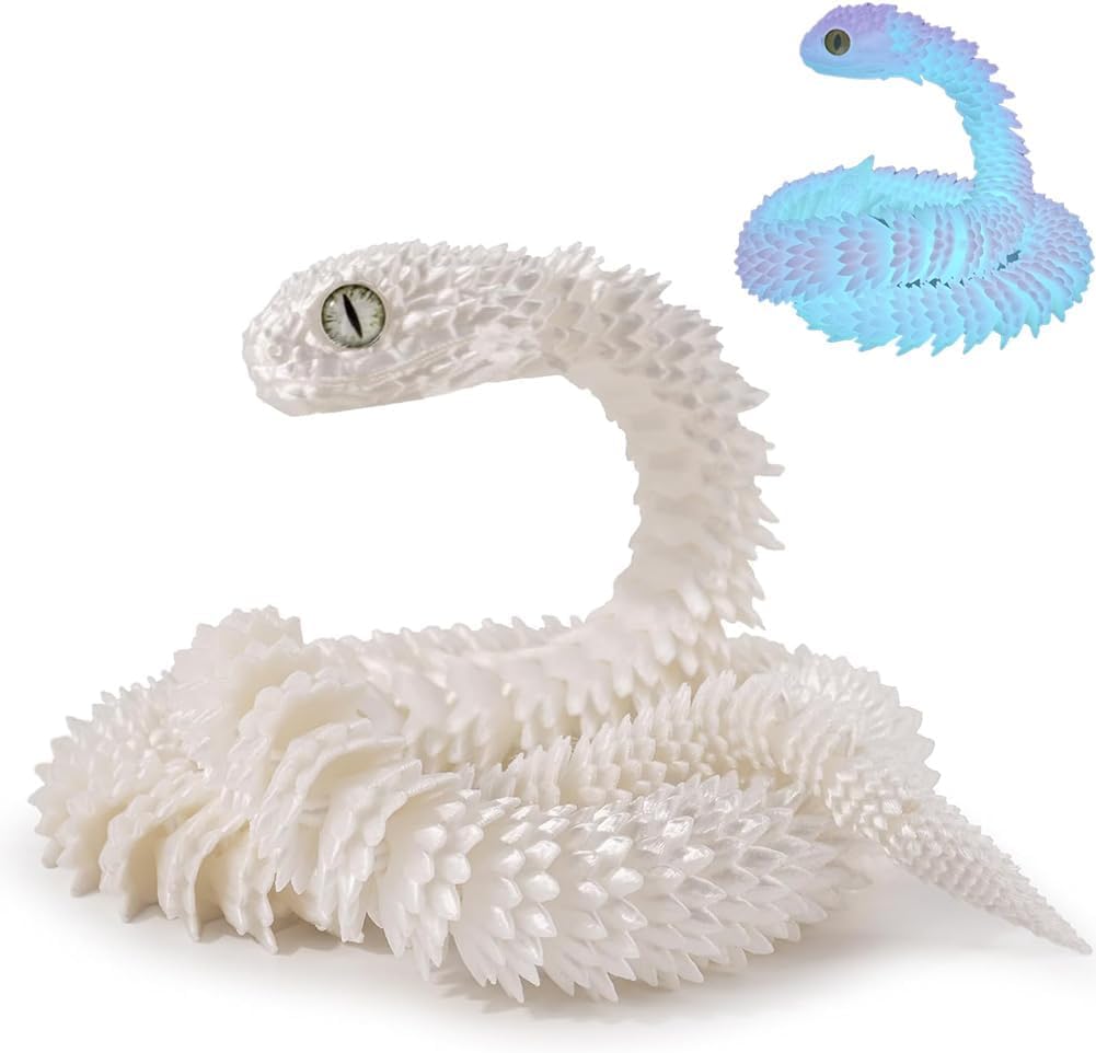 QYEHF 3D Printed Snake Animals Articular Mobility Glow in The Dark Snake Toy, Fidget 3D Printed Collectible Toys, Luminous Blue, for Home & Office Decoration, Teen Gifts (Luminous White)