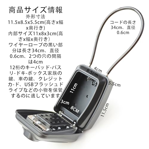 BenRich キーボックス 屋外 防水 12桁ダイヤル ワイヤーロープ付き 南京錠付き キー収納ボックス 大容量 盗難防止 - キャンプ サーフィン 事務所 工事現場 倉庫 車 アパート用 - 日本語説明書付き [4]