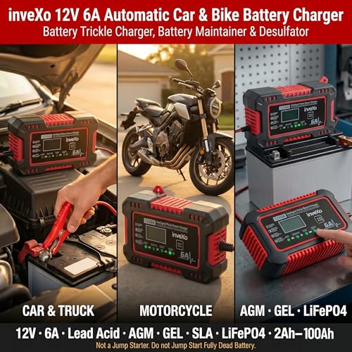Image of inveXo 12V 6A Smart Car Battery Charger | Car, Bike, Truck | Automotive Trickle Charger, Battery Maintainer & Desulfator with Temperature Compensation | Suitable for Lead Acid, AGM, GEL, SLA Batteries