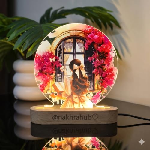Image of Personalized Couple Photo Acrylic LED Lamp | Custom Romantic Night Light with Floral Artwork & Wooden Base | Anniversary, Wedding, Engagement, Valentine's Day Gift (Design 4)