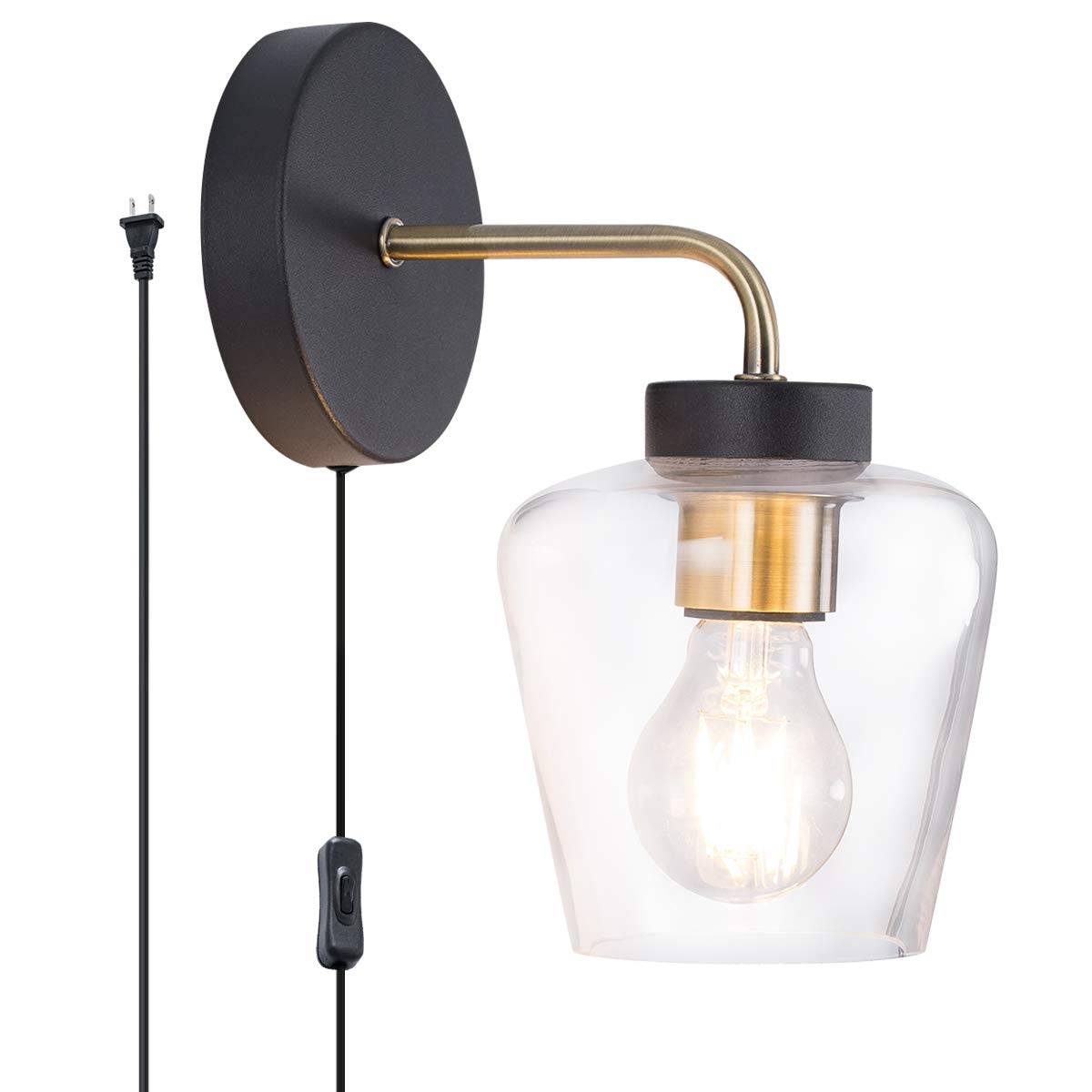 Modern Clear Glass Shade Wall lamp, Plug in Wall Sconce with On/Off Switch, E26 Base, Suitable for Living Room, Bedroom, TV Wall, Study Room, Cafe