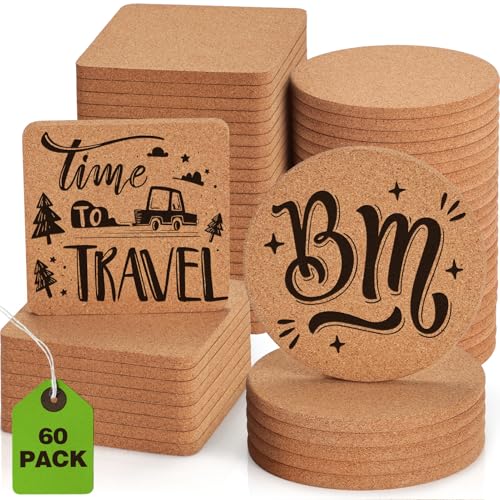 60 PCS Cork Coasters for Laser Engraving, GOH DODD Thicken Absorbent Mats Blank Coasters Bulk Tabletop Protection Plant Saucers for Drinks Wood Burning Arts Crafts DIY Resin Gifts, 4 Inch