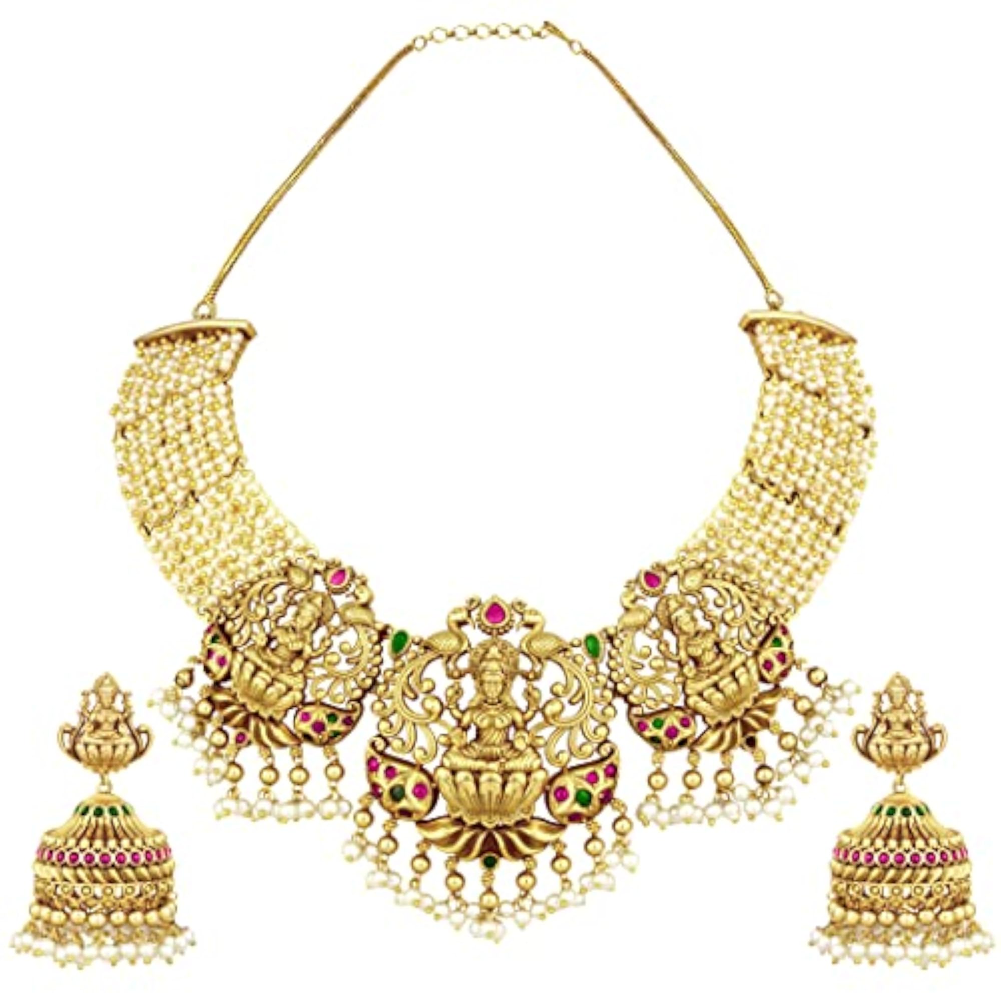 Brass Pearl Necklace Earring Temple Jewellery Set