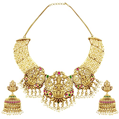 Brass Pearl Necklace Earring Temple Jewellery Set