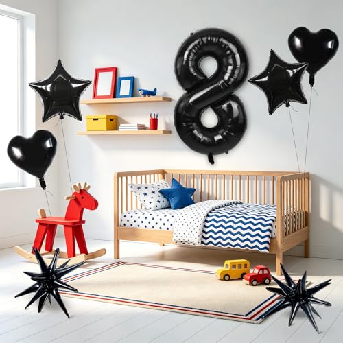 Image of TONIFUL 8th Birthday Balloons Kit 40 Inch Black Large Number 8 Foil Balloon | with 18Inch Helium Mylar Heart Star Balloons for Kids Women Men Birthday Anniversary Graduation New Year Eve Party Decoration