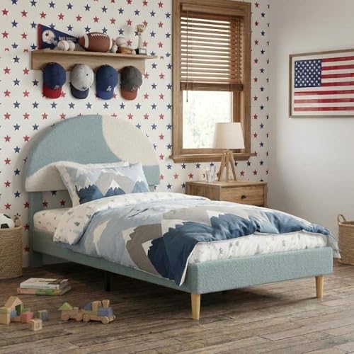 Garvee Twin Bed Frame with Upholstered Round Boucle Headboard, Arch-Shaped Design in Soft Blue and White, Modern Kids Bed with Wooden Slats, No Box Spring Required and Easy Assembly Faux Fur