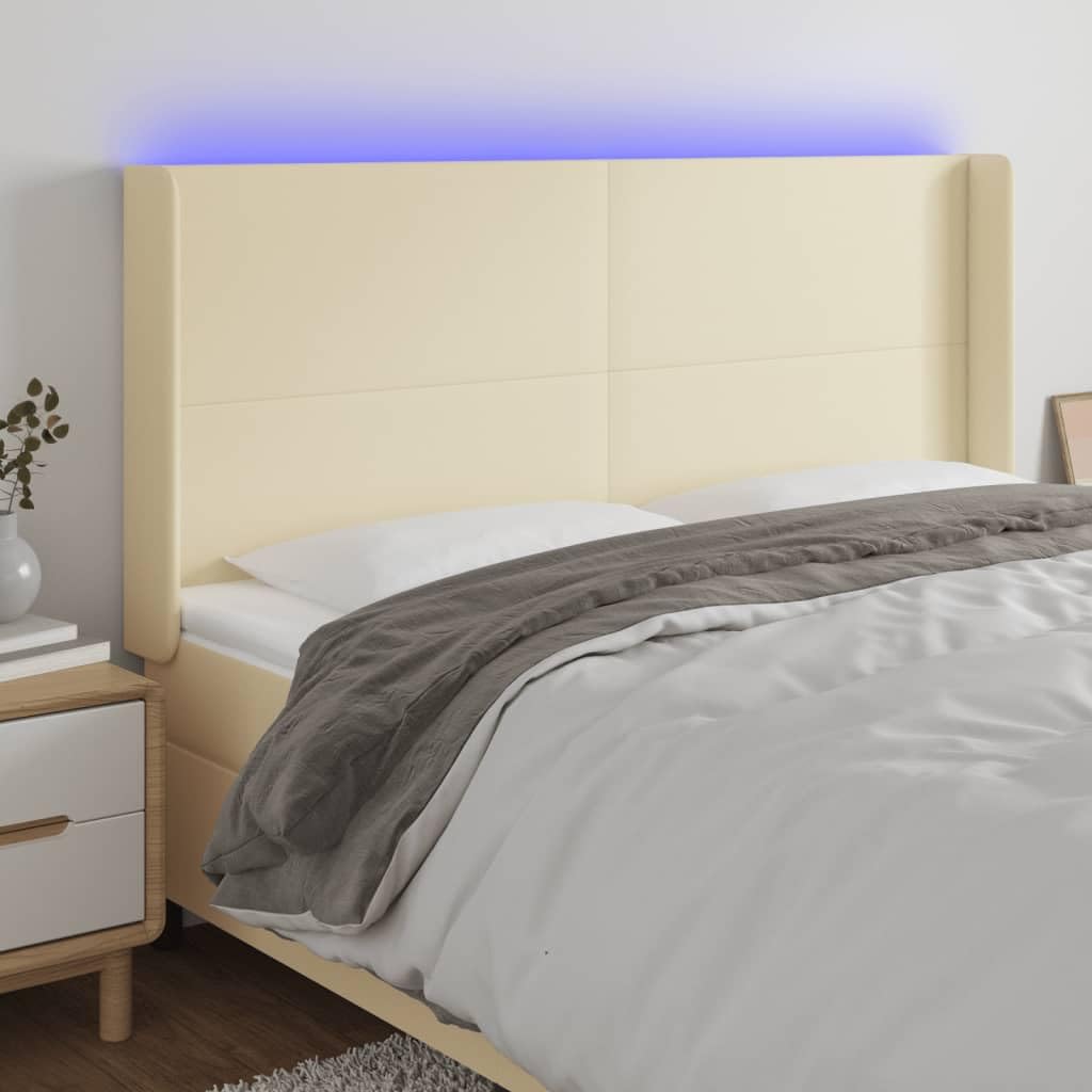 Cabecero de cama LED, color crema, 163 x 16 x 118/128 cm, altura regulable, piel sintética, espuma, luces coloridas, para jóvenes y adultos
