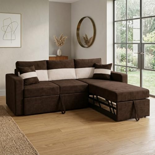 Image of FURNY Soria 4 Seater RHS Lounger Sofa Cum Bed (Dark Brown - Cream) with Pull-Out Function | Luxury Velvet Suede Finish | Durable Comfort | Ideal for Living Room