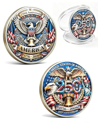 2026 US America 250th Anniversary Challenge Coin 1776-2026 American Eagle Liberty Bell Commemorative Medallion Veterans Military Gift Patriotic Semi-Precious Metal Collectible with Enamel Color