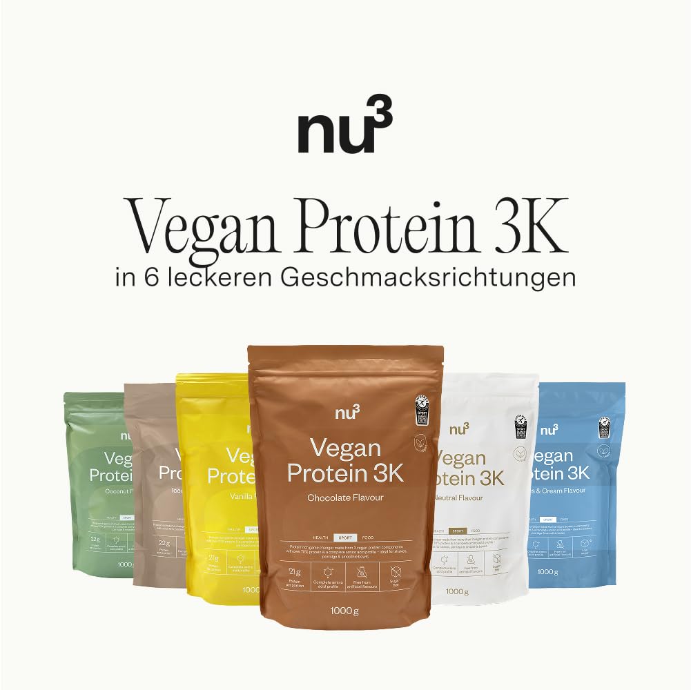 nu3 Vegan Protein 3K Schokolade 1kg- Protein-Powder, pflanzlich, laktosefrei, ohne Soja, zuckerarm, gelatinefrei, Aspartamfrei, Cremig, Eiweißpulver für Muskelaufbau, Training & Alltag - 1000 g