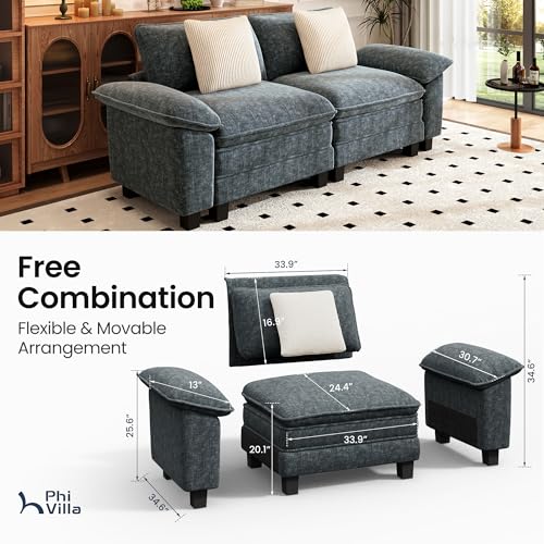 Image of PHI VILLA Indoor Modular Couches Sets, 87.5 inch Sectional Loveseat Sofa with Upholstered Deep Seat, 2-Seater Comfy Couches for Living Room Bedroom, Chenille Fabric, Dark Cyan