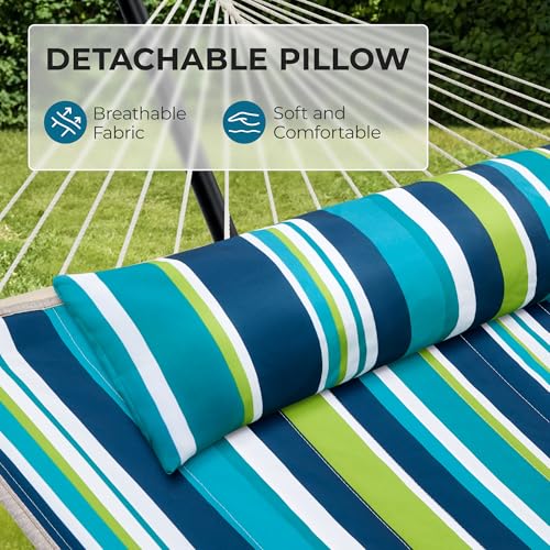 Image of SUPERJARE 12ft Double Hammock with Stand, Rope Hammock for 2 Person, Detachable Hammock Bed and Pillow, Portable, Anti-Tip Safety Ropes, Carry Bag, Outdoor Backyard Patio Camping, Dark Cyan