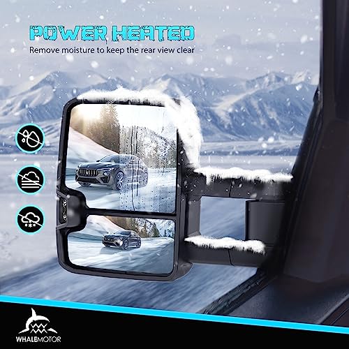 Image of WHALEMOTOR Smoked Heated Tow Mirrors Compatible with 2003-2006 Chevy Silverado GMC Sierra 1500 2500 3500, Extended Trailer Towing Side Mirror w /Backup Light, Tahoe Suburban Avalanche Yukon Escalade