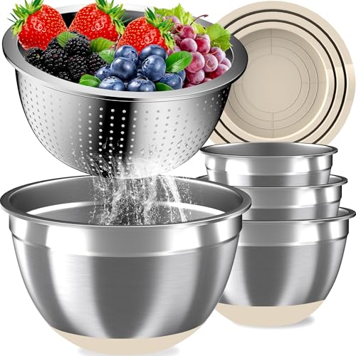 Image of Mixing Bowls with Airtight Lids Set, 4 Stainless Steel Bowls Nesting Bowls & Colander, Kitchen Organizers and Storage Non-Slip Bottom, Size 1.5/2.0/2.5/4.5QT, Great for Mixing & Serving, Khaki