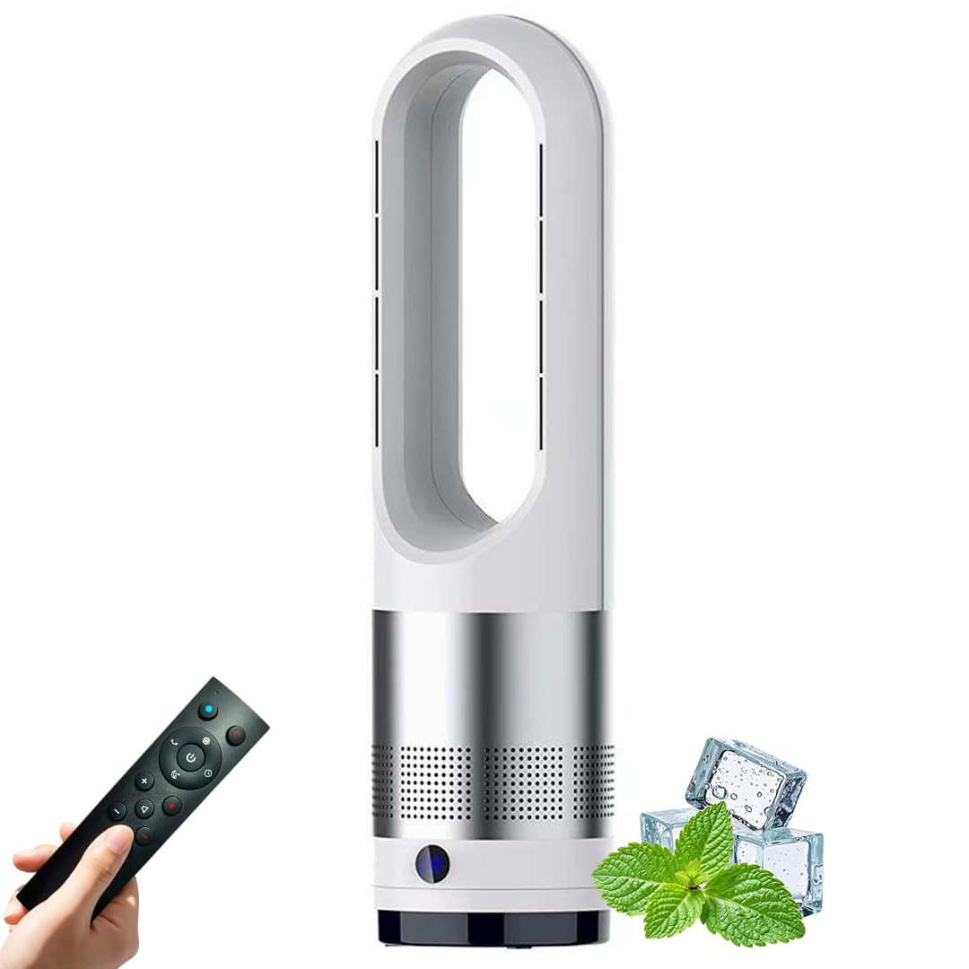 Ventilador de torre sin aspas para uso en interiores, 18 pulgadas, 8 velocidades, oscilación de 80°, control remoto, temporizador de 8 horas, pantalla LED, funcionamiento silencioso, ideal para el