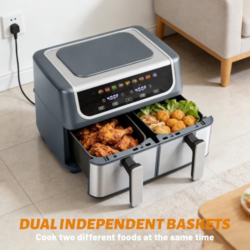 KMFurnila 2 Baskets Air Fryer 9.5 QT, 10 in 1 Dual Air Fryers with Ceramic Crisper Plate, 80-450°F Wide Temp, Smart Cooking Mode with Match & Sync Cook, Shake Reminder, Roast, Defrost, Bake, Grey by KMFurnila - Image 9