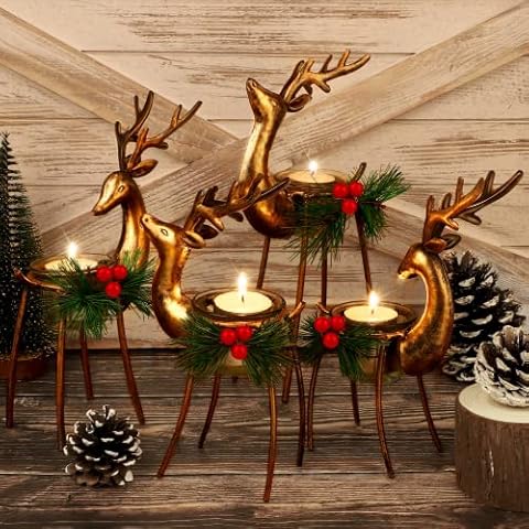 MCEAST 4 Pieces Reindeer Tealight Candle Holders Standing Iron Metal Christmas Decorations with 4 Sizes Xmas Glass Votive Holders with Pine Cones Christmas Tabletop Centerpiece, Holiday Decoration Cover