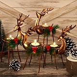 MCEAST 4 Pieces Reindeer Tealight Candle Holders Standing Iron Metal Christmas Decorations with 4 Sizes Xmas Glass Votive Holders with Pine Cones Christmas Tabletop Centerpiece, Holiday Decoration