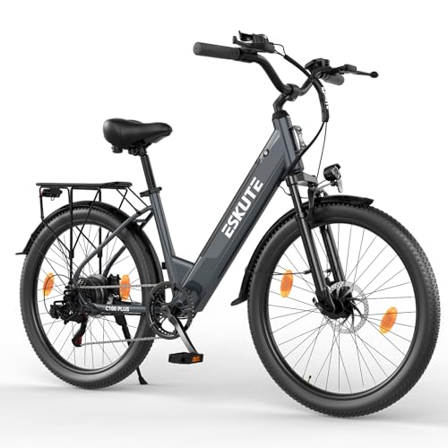 ESKUTE C100 Plus E-Bike, 26 Zoll Elektrofahrrad, E-Cityrad 250W HeckMotor, 36V 13Ah Wechselakku, bis zu 100km, LCD-Display, Tiefeinsteiger E-CityBike Für Damen und Herren Erwachsene