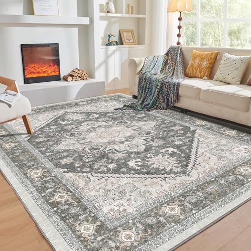 OPPODREAM Soft Area Rugs 9x12 Living Room, Washable Rugs 9x12 with Non Slip Backing, Faux Cashmere Low-Pile 9 x 12 Carpet, Greenish Grey