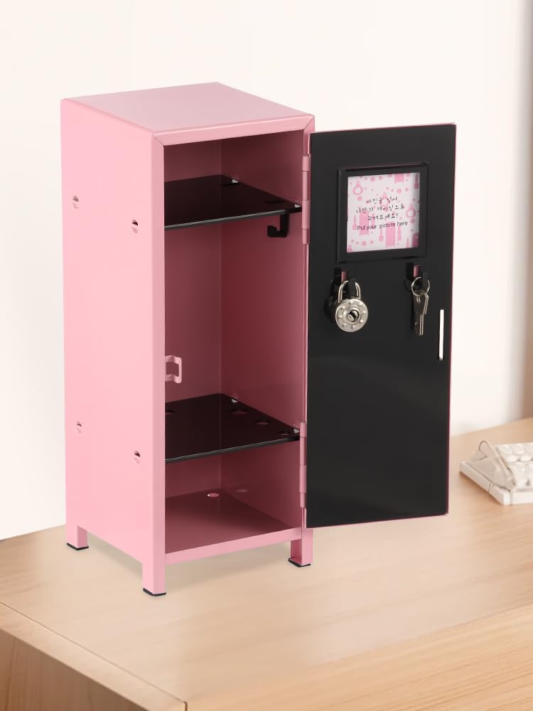 Mini Locker Cabinet with Lock and Key, Metal Cosmetic Storage Cabinet with Internal Compartments and Hooks, Girl Lockbox Desktop Storage Organizer, Rustproof for Desktop Girls Boys (pink) - Image 2