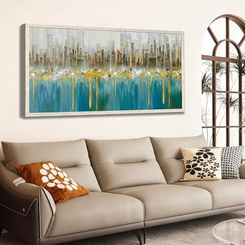 Ardemy Large Framed Wall Art Abstract Canvas Modern Gold Textured Wall Decor Living Room Painting Picture Artwork Bedroom Home Office, 48"x24" 48"L x 24"W Teal abstract