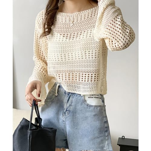 Image of CRAMPLEWomen Short Openwork Sunscreen Knitted Pullover Women Summer Seaside Resort Loose Design Sense Long-Sleeve Sweater Top