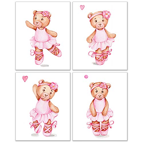 Image of Everyday Designs Teddy Bear Ballerina Prints Nursery Wall Art Photos, Ballerina Wall Decor, Bear Baby Decorations for Nursery, Ballerina Bear, Bear Decor for Nursery - Set of 4 (8x10”)