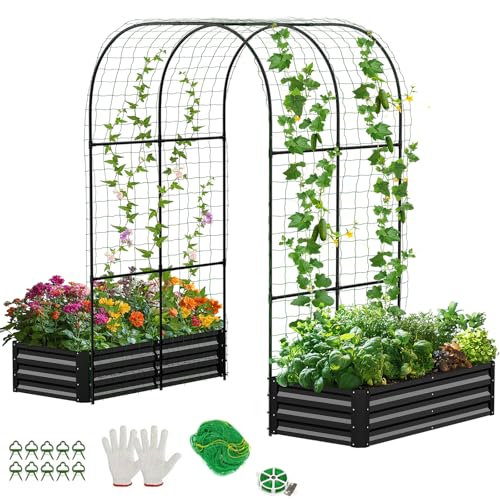 DoCred 3 in 1 Raised Garden Bed with 87in Tall Arch Trellis for Climbing Plants, Galvanized Planter Garden Box Outdoor for Gardening, Climbing Vegetables, Flower, Black
