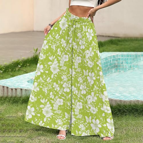 Palazzo Pants for Women Casual High Waist Wide Leg Floral Elastic Lounge Trousers with Pockets2