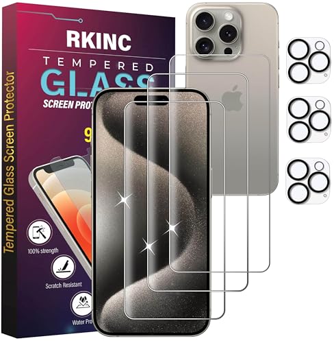 RKINC Protector pantalla para iPhone 15 Pro 6.1-Inch Con Protector Camara [3 +3 Piezas] Cristal templado película de vidrio, 9H 0.33 mm [Garantía de por vida][Anti-rasguño][Sin burbujas]