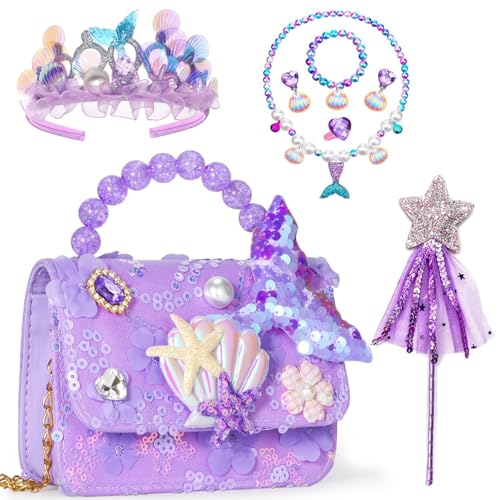 Masroo Mermaid Toys Toddler Purse Girls Mermaid Play Purse for Little Girls Play Jewelry Birthday for Toddler Age 3 4 5 6 7 8 Years Old
