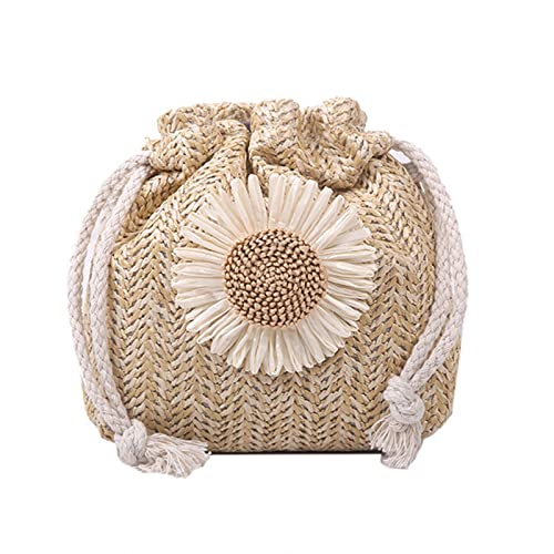 Fashion Drawstring Straw Bag Crossbody Handbag Shoulder Bag Flower Straw Bucket Bag for Photo