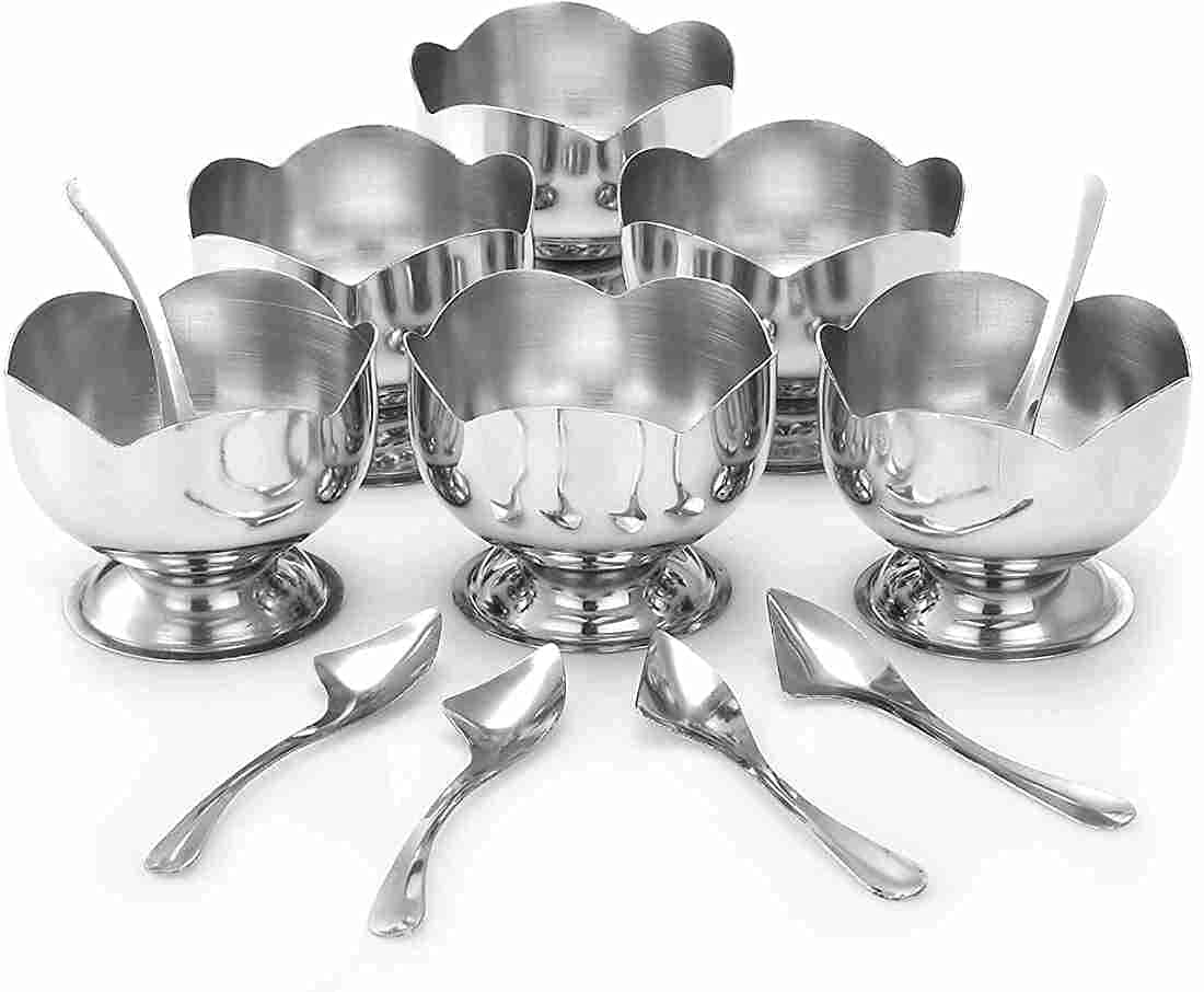KD ZONE Stainless Steel Set of 12-6 Lotus Ice Cream Cup/Soup Bowl and 6 Ice Cream Spoon