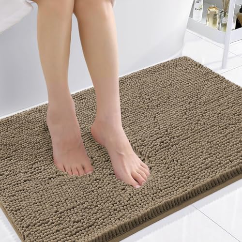 Smiry Luxury Chenille Bathroom Rugs 36x24, Extra Soft and Absorbent Shaggy Bath Mat, Machine Washable, Non-Slip Plush Carpet Runner for Tub, Shower, and Floor, Home Decor Accessories, Camel