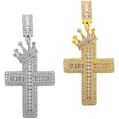 Solid 925 Sterling Silver - Cross With King Crown Pendant - Iced Baguette Diamond Men s Crucifix - Large 2 - Natural Silver Or 14k Gold Finish (Natural Silver)