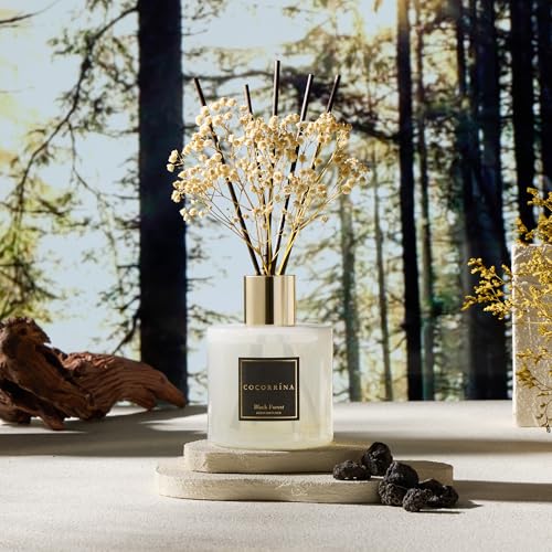 Image of COCORRINA Reed Diffuser - Black Forest 17 Fl.oz Reed Diffuser with 8 Sticks Scented Diffuser with Preserved Flowers for Bathroom Home Decor