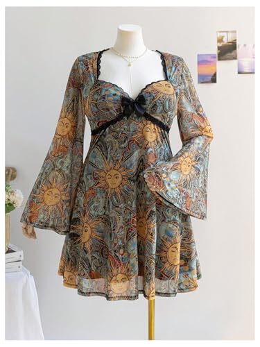 Women's Y2k Plus Size Hippie Vintage Boho A Line Dress Country Bell Long Sleeve V Neck Mesh Fall Mini Dresses3