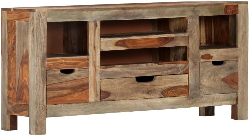 vidaXL Solid Sheesham Wood Sideboard with 3 Drawers and 4 Open Compartments Side HiFi TV Plasma Stereo Cabinet Lowboard Entertainment Center Grey