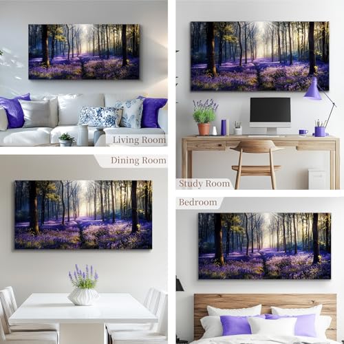 crmotu Purple Landscape Wall Art, Lavender Flower Field Large Artwork, Nature Forest Scenery Canvas Art Prints, Modern Pictures wall Decor Living Room Bedroom, Rustic Farmhouse Decor 24X48 Inches