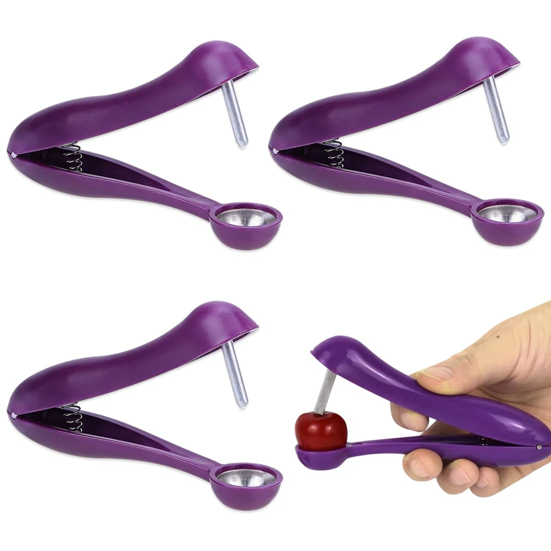 Pack de 3 Deshuesadores de Cerezas de Acero Inoxidable - Saca Huesos Manual por Empujón para Cerezas, Olivas y Dátiles, Descorazonador de Frutas Compacto, Morado