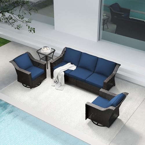 Image of 4 Piece Patio Furniture Set, Wicker Outdoor Conversation Set | Patio Chair Set with Olefin Removable Cushion, All-Weather Outdoor Couch with Deep Seat for Porch, Deck and Backyard, Blue